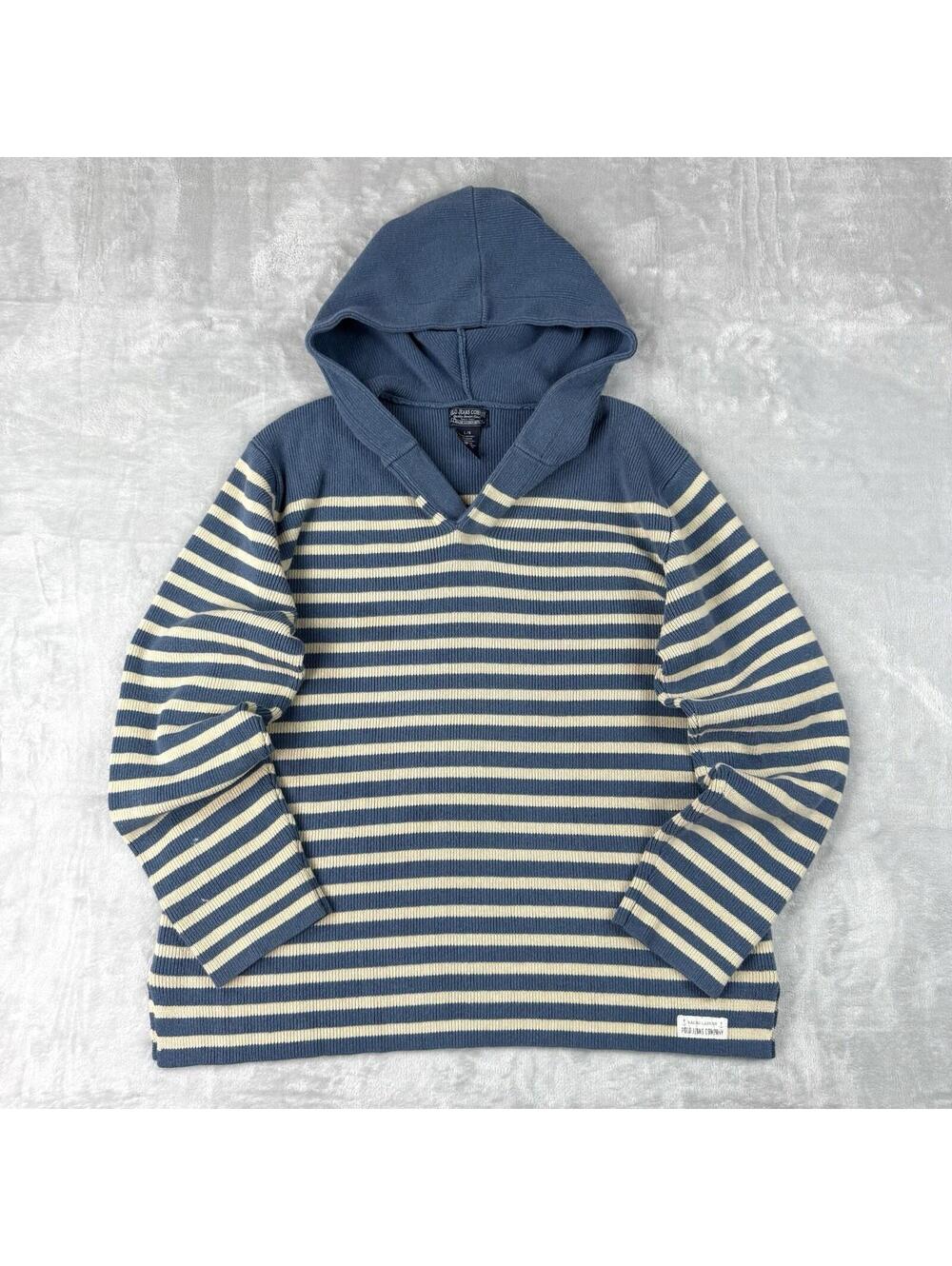 Y2K Ralph Lauren Polo Jeans Striped Knit Hoodie Men L Blue Cream Vintage Sweater
